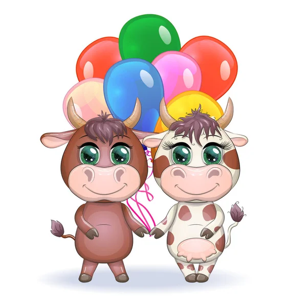 Mignon Couple Dessin Animé Vache Taureau Avec Des Ballons Vacances — Image vectorielle