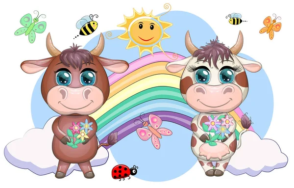 かわいい漫画は虹の背景に花と牛と牛をカップル 中国の暦によると2021年のシンボル 子供用イラスト — ストックベクタ