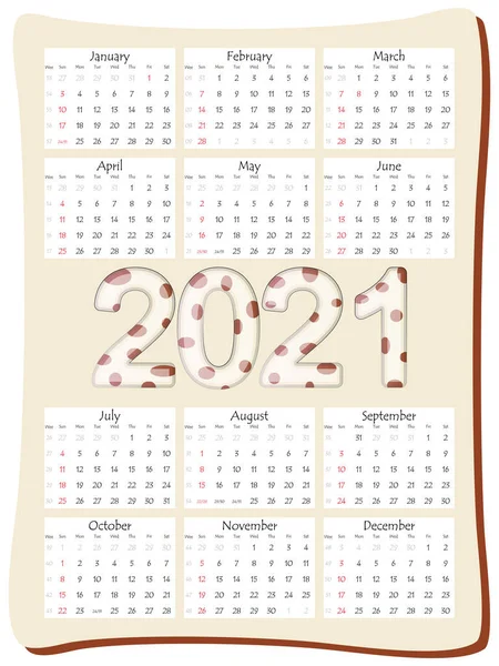 2021 Jahreskalender Monate Kalenderschablone Vertikaler Ausrichtung Mit Schöner Inschrift 2021 — Stockvektor