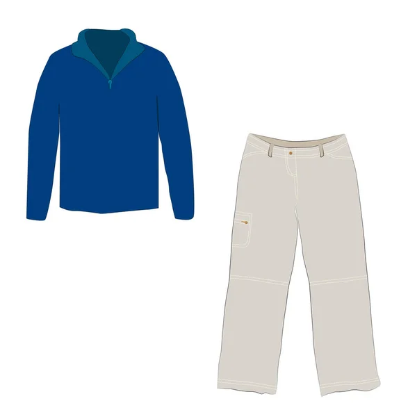 白い背景に隔離された半分のジッパーの長い袖青いセーターとパンツ — ストックベクタ