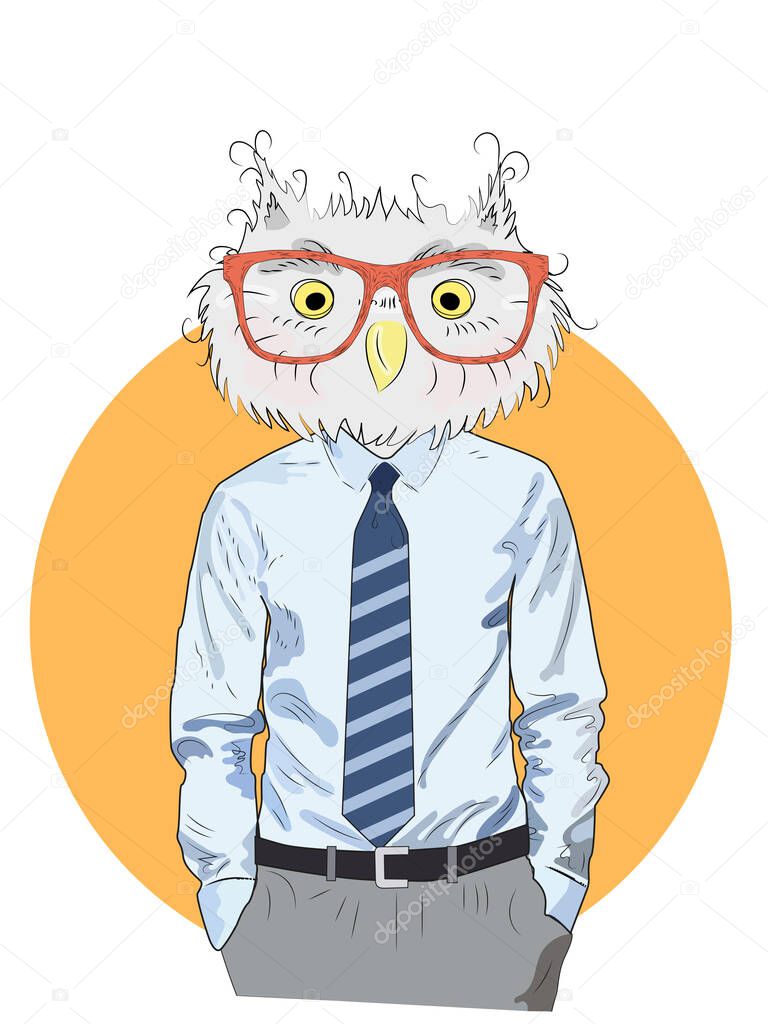 animal fashion illustration, anthropomorphic design, furry art, hand drawn illustration of an owl boy in a shirt and trousers, with a tie, businessman