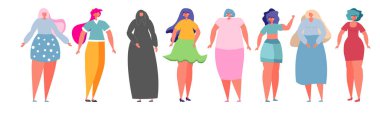Çeşitli kadınlar, kız gücü, feminizm. El çizimi. Düz stil tasarım. Kavram, kadınlar günü kartı, poster, afiş.