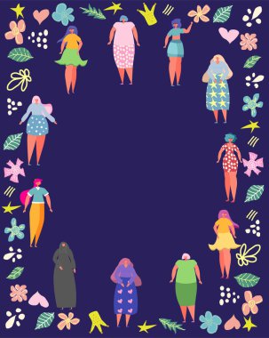 Metnin için çerçevesi ve yeri olan çiçeklerle çevrili bir grup farklı kadın.