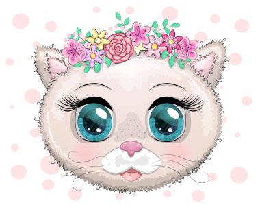 Çiçekli arka planda sevimli pembe çizgi film kedisi suratı.