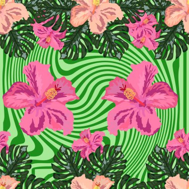 Beyaz arka planda tropikal yaprakları ve çiçekleri olan kusursuz egzotik desen. Hibiscus, avuç içi.