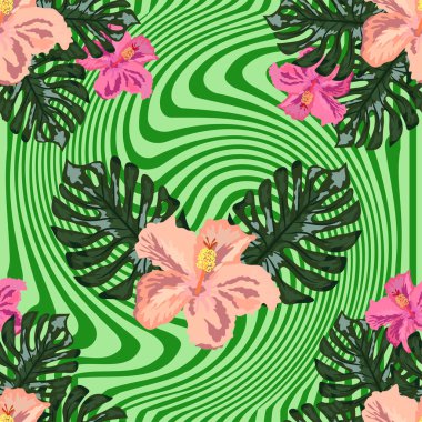 Beyaz arka planda tropikal yaprakları ve çiçekleri olan kusursuz egzotik desen. Hibiscus, avuç içi.