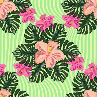 Siyah arka planda tropik yaprakları ve çiçekleri olan egzotik, pürüzsüz bir desen. Çizgili arka plan. Botanik parmak izi.