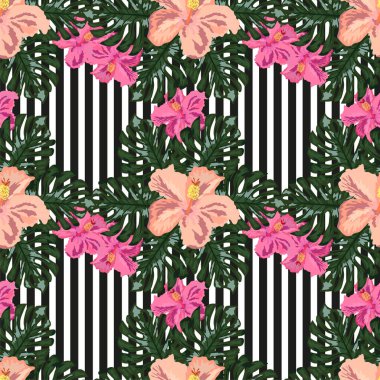 Siyah arka planda tropik yaprakları ve çiçekleri olan egzotik, pürüzsüz bir desen. Çizgili arka plan. Botanik parmak izi.
