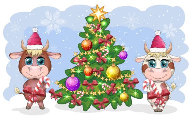 Tatlı inek ve boğa çizgi filmi, Noel ağacının yanında şeker ve Noel Baba 'nın şapkasıyla. 2021 Çin takvimine göre yılın sembolü.