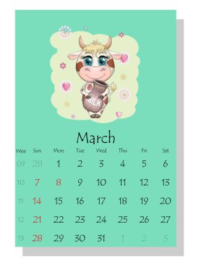 Takvim 2021. Mart ayı için şirin boğa ve inek