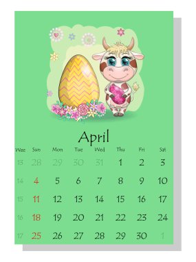 Takvim 2021. Nisan ayı için şirin boğa ve inek