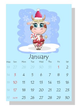 Takvim 2021. Ocak ayı için şirin boğa ve inek