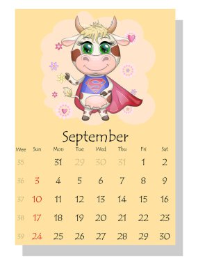 Takvim 2021. Eylül ayı için şirin boğa ve inek.