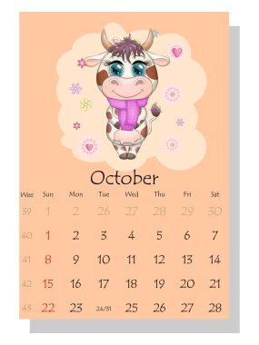 Takvim 2021. Ekim ayı için şirin boğa ve inek.