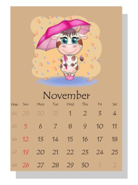 Takvim 2021. Kasım ayı için şirin boğa ve inek.