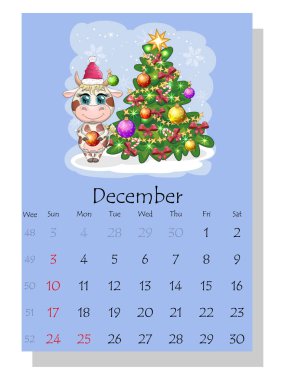 Takvim 2021. Aralık ayı için şirin boğa ve inek.