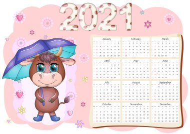 Takvim 2021. Boğa yeni yılın sembolü, Çizgi film ineği. Çin yıldız falı takvimi. Hafta pazar günü başlıyor..