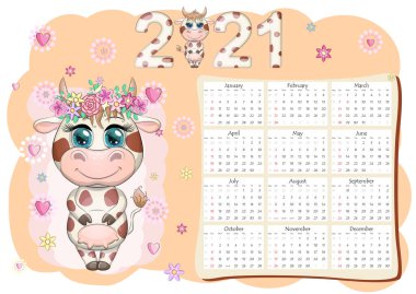 Takvim 2021. Boğa yeni yılın sembolü, Çizgi film ineği. Çin yıldız falı takvimi. Hafta pazar günü başlıyor..