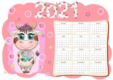 Takvim 2021. Boğa yeni yılın sembolü, Çizgi film ineği. Çin yıldız falı takvimi. Hafta pazar günü başlıyor..