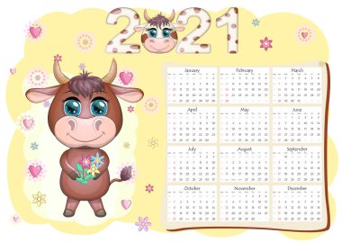 Takvim 2021. Boğa yeni yılın sembolü, Çizgi film ineği. Çin yıldız falı takvimi. Hafta pazar günü başlıyor..