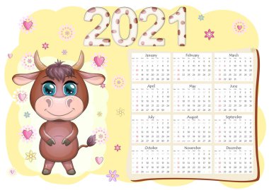 Takvim 2021. Boğa yeni yılın sembolü, Çizgi film ineği. Çin yıldız falı takvimi. Hafta pazar günü başlıyor..