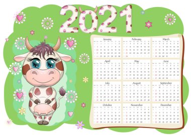Takvim 2021. Boğa yeni yılın sembolü, Çizgi film ineği. Çin yıldız falı takvimi. Hafta pazar günü başlıyor..