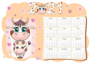 Takvim 2021. Boğa yeni yılın sembolü, Çizgi film ineği. Çin yıldız falı takvimi. Hafta pazar günü başlıyor..