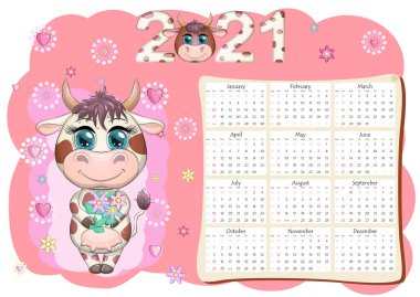 Takvim 2021. Boğa yeni yılın sembolü, Çizgi film ineği. Çin yıldız falı takvimi. Hafta pazar günü başlıyor..