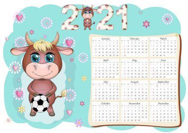 Takvim 2021. Boğa yeni yılın sembolü, Çizgi film ineği. Çin yıldız falı takvimi. Hafta pazar günü başlıyor..