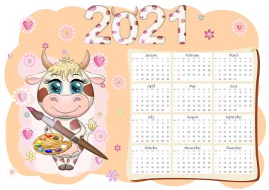 Takvim 2021. Boğa yeni yılın sembolü, Çizgi film ineği. Çin yıldız falı takvimi. Hafta pazar günü başlıyor..