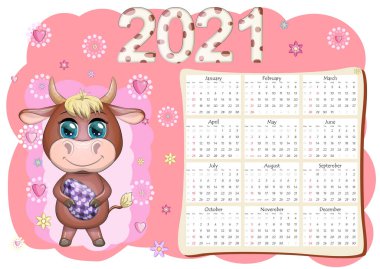 Takvim 2021. Boğa yeni yılın sembolü, Çizgi film ineği. Çin yıldız falı takvimi. Hafta pazar günü başlıyor..