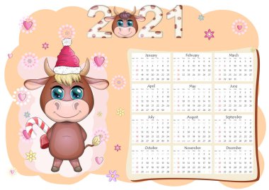 Takvim 2021. Boğa yeni yılın sembolü, Çizgi film ineği. Çin yıldız falı takvimi. Hafta pazar günü başlıyor..