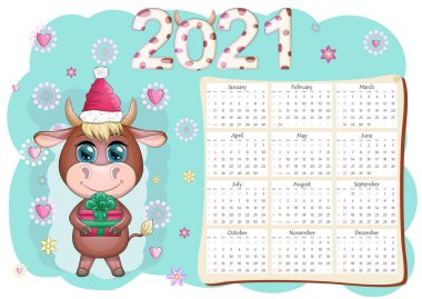 Takvim 2021. Boğa yeni yılın sembolü, Çizgi film ineği. Çin yıldız falı takvimi. Hafta pazar günü başlıyor..