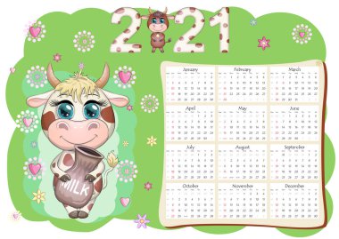 Takvim 2021. Boğa yeni yılın sembolü, Çizgi film ineği. Çin yıldız falı takvimi. Hafta pazar günü başlıyor..