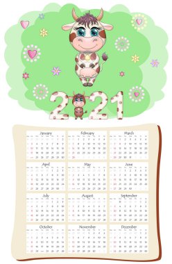 2021 'in beyaz öküz takvimi ya da planlayıcısı, kawaii çizgi film boğası, boğa ya da inek, Yeni Yıl karakteri, sevimli karakterler. Hafta Pazar Başlıyor