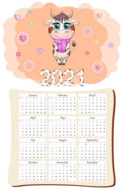 2021 'in beyaz öküz takvimi ya da planlayıcısı, kawaii çizgi film boğası, boğa ya da inek, Yeni Yıl karakteri, sevimli karakterler. Hafta Pazar Başlıyor