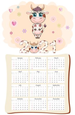2021 'in beyaz öküz takvimi ya da planlayıcısı, kawaii çizgi film boğası, boğa ya da inek, Yeni Yıl karakteri, sevimli karakterler. Hafta Pazar Başlıyor