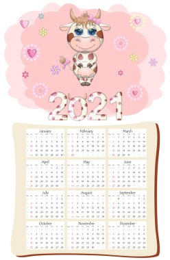2021 'in beyaz öküz takvimi ya da planlayıcısı, kawaii çizgi film boğası, boğa ya da inek, Yeni Yıl karakteri, sevimli karakterler. Hafta Pazar Başlıyor