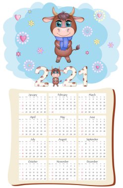 2021 'in beyaz öküz takvimi ya da planlayıcısı, kawaii çizgi film boğası, boğa ya da inek, Yeni Yıl karakteri, sevimli karakterler. Hafta Pazar Başlıyor