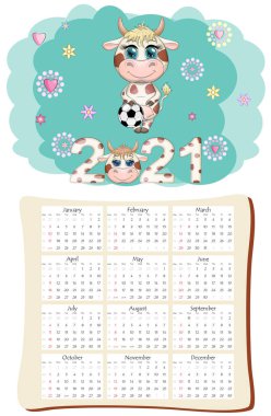 2021 'in beyaz öküz takvimi ya da planlayıcısı, kawaii çizgi film boğası, boğa ya da inek, Yeni Yıl karakteri, sevimli karakterler. Hafta Pazar Başlıyor