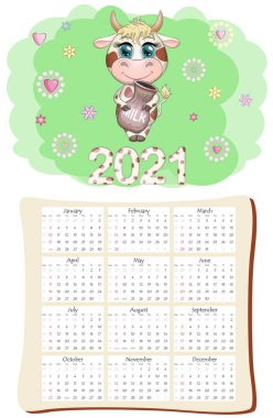 2021 'in beyaz öküz takvimi ya da planlayıcısı, kawaii çizgi film boğası, boğa ya da inek, Yeni Yıl karakteri, sevimli karakterler. Hafta Pazar Başlıyor