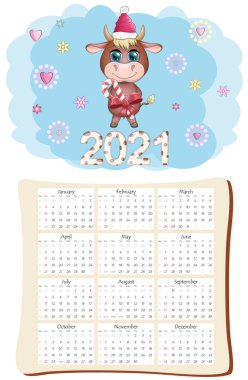2021 'in beyaz öküz takvimi ya da planlayıcısı, kawaii çizgi film boğası, boğa ya da inek, Yeni Yıl karakteri, sevimli karakterler. Hafta Pazar Başlıyor