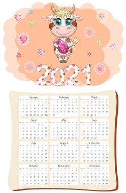 2021 'in beyaz öküz takvimi ya da planlayıcısı, kawaii çizgi film boğası, boğa ya da inek, Yeni Yıl karakteri, sevimli karakterler. Hafta Pazar Başlıyor