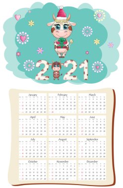 2021 'in beyaz öküz takvimi ya da planlayıcısı, kawaii çizgi film boğası, boğa ya da inek, Yeni Yıl karakteri, sevimli karakterler. Hafta Pazar Başlıyor