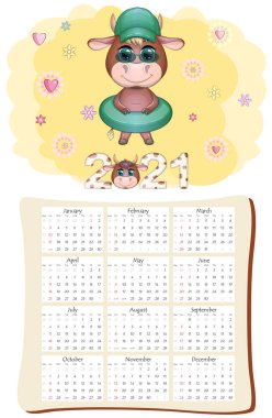 2021 'in beyaz öküz takvimi ya da planlayıcısı, kawaii çizgi film boğası, boğa ya da inek, Yeni Yıl karakteri, sevimli karakterler. Hafta Pazar Başlıyor