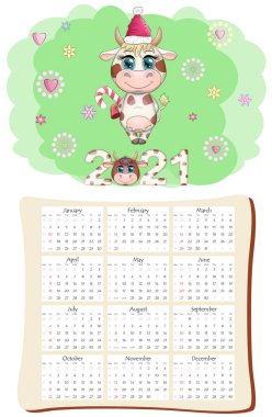 2021 'in beyaz öküz takvimi ya da planlayıcısı, kawaii çizgi film boğası, boğa ya da inek, Yeni Yıl karakteri, sevimli karakterler. Hafta Pazar Başlıyor
