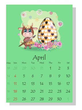 Takvim 2021. Nisan ayı için şirin boğa ve inek