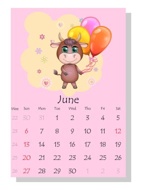 Takvim 2021. Haziran için şirin boğa ve inek