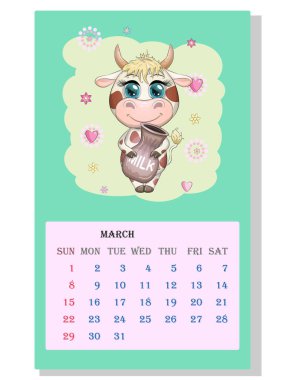 Takvim 2021. Mart ayı için şirin boğa ve inek