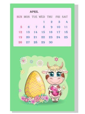 Takvim 2021. Nisan ayı için şirin boğa ve inek